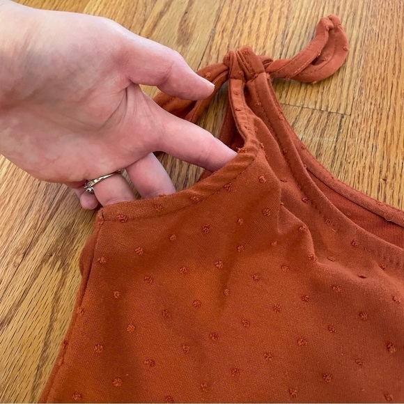 SEE YOU MONDAY Burnt Orange Swiss Dot Tie Shoulder Strap Mini Fit & Flare Dress - Picture 9 of 12